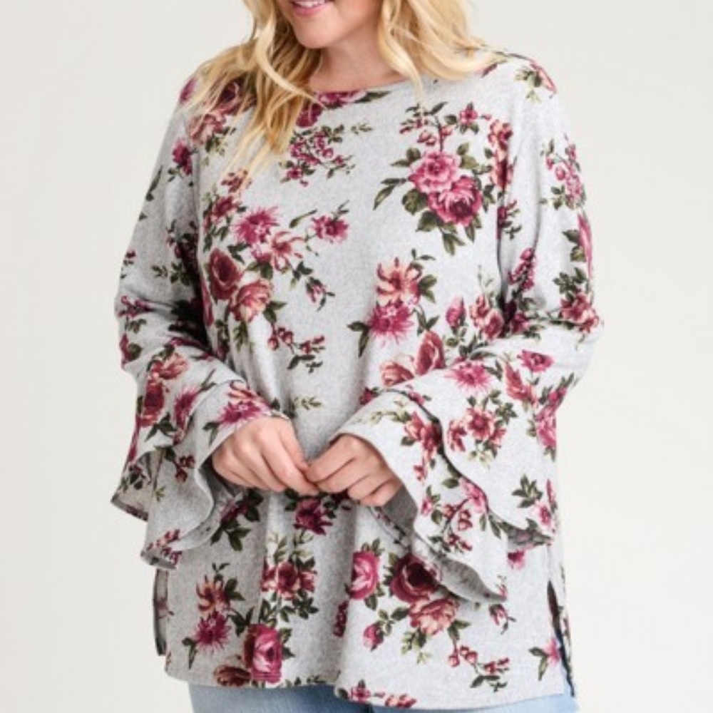 Gray Floral Top with Bell Sleeves